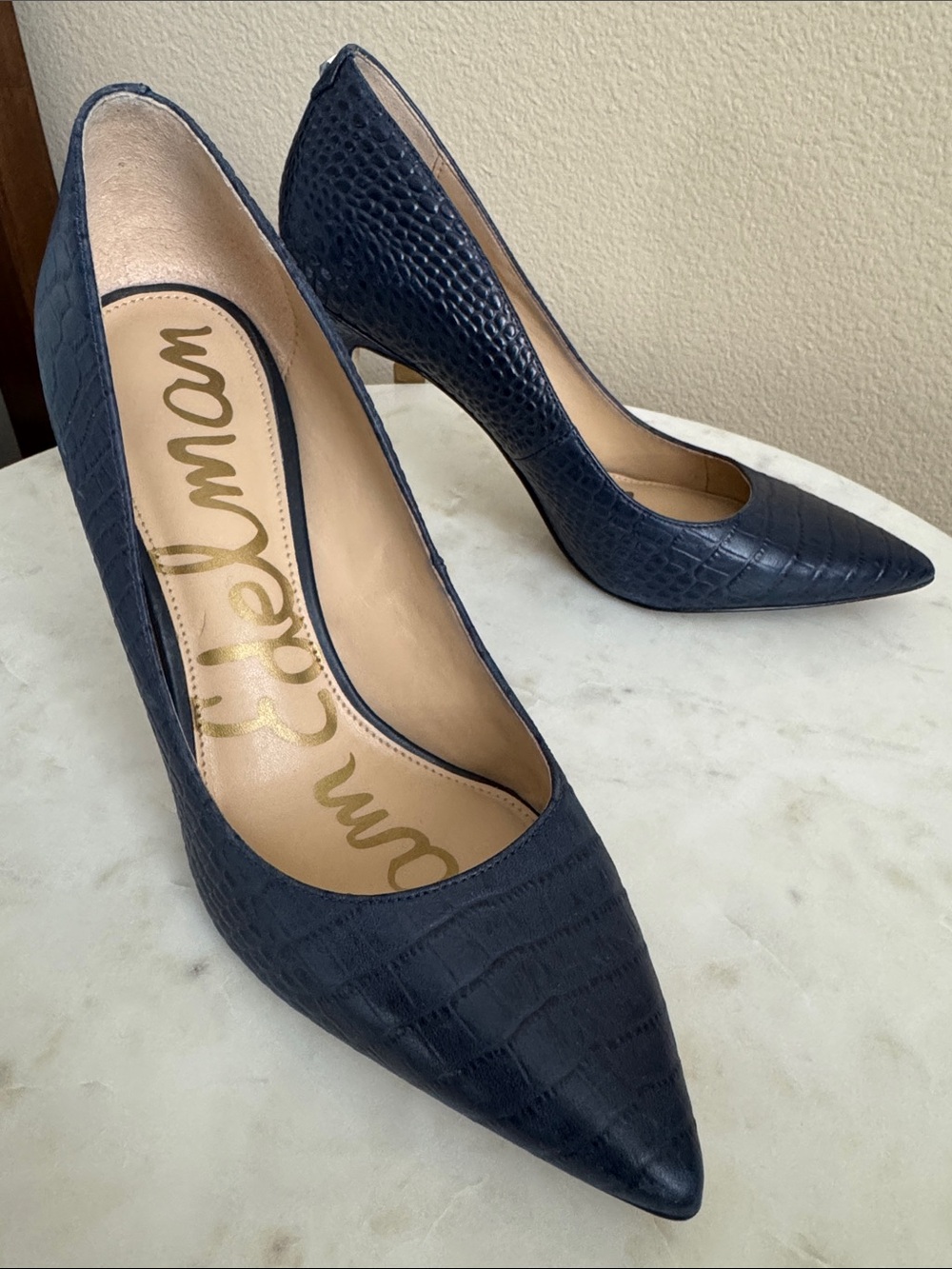 Sam Edelman Navy Croc-Embossed Pointed Pumps